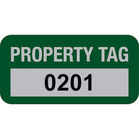 Lustre-Cal Property ID Label PROPERTY TAG5 Alum Green 1.50in x 0.75in Serialized 0201-0300, 100PK 253769Ma1G0201
